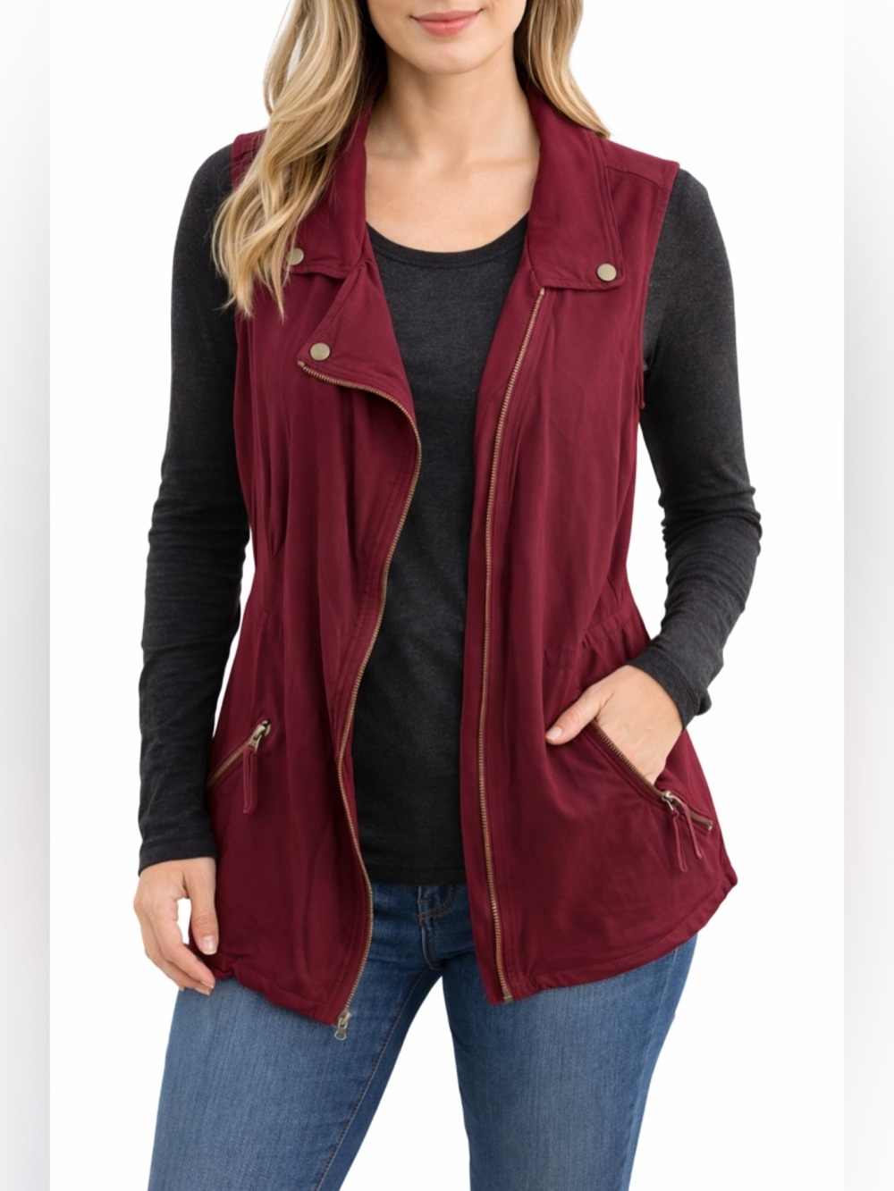 Maurices Sleeveless Zip Vest Cardigan Large Red Moto Style Zip Pockets